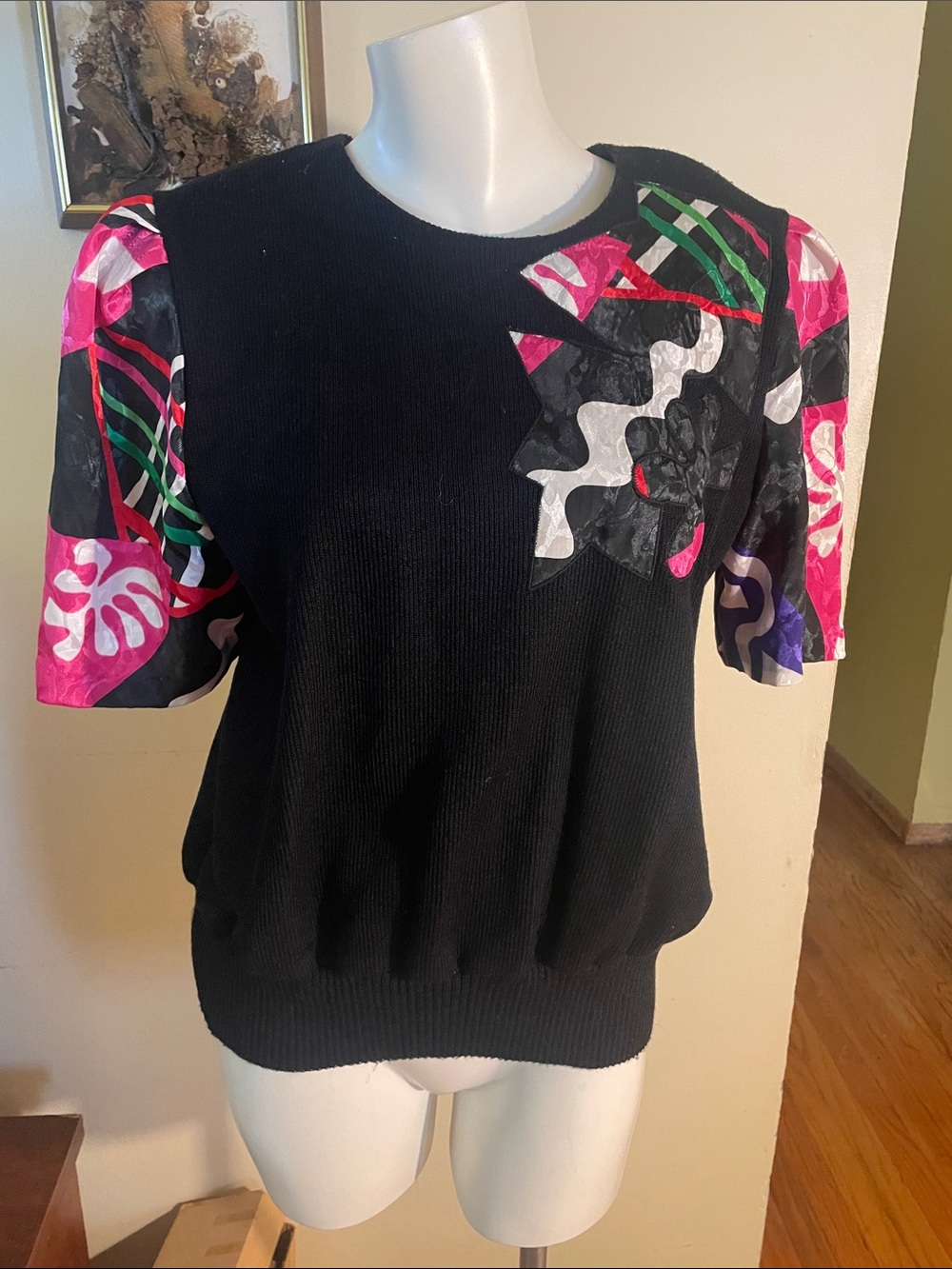 Gianna Vintage Black Ribbed Sweater Top with Pink, Green & White Print Sleeves